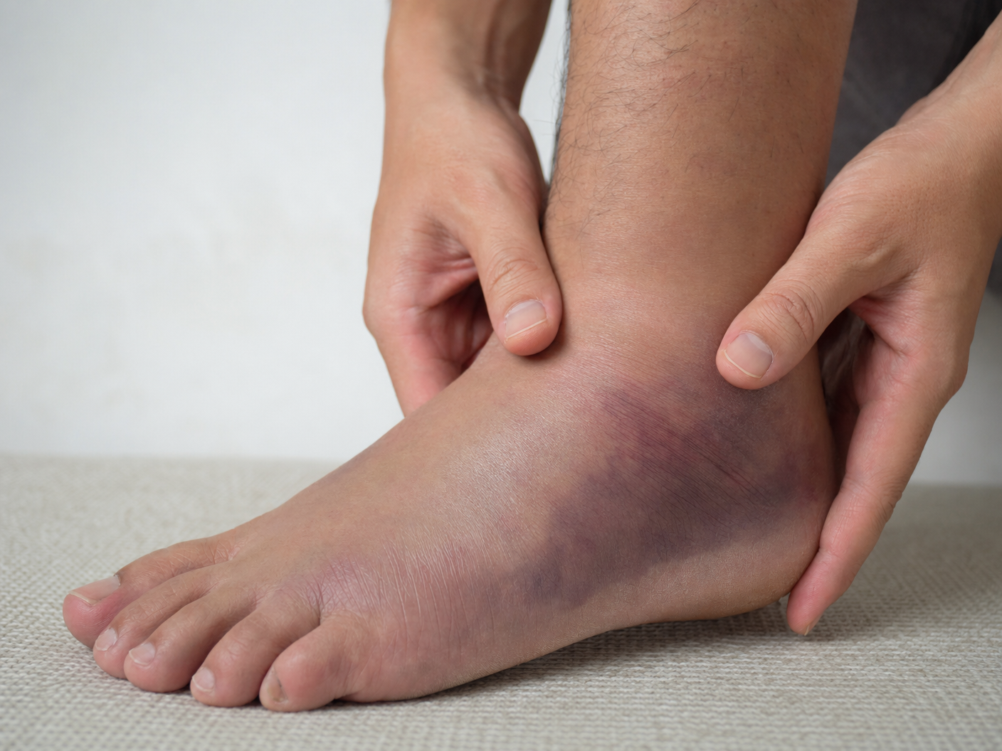 Swollen bruised outer ankle being held — symptoms of a lateral ankle ligament sprain