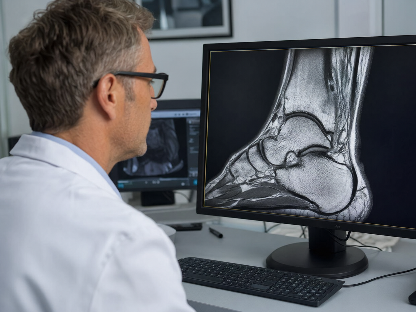 Doctor reviewing ankle MRI scan on screen — investigations for lateral ankle ligament injury