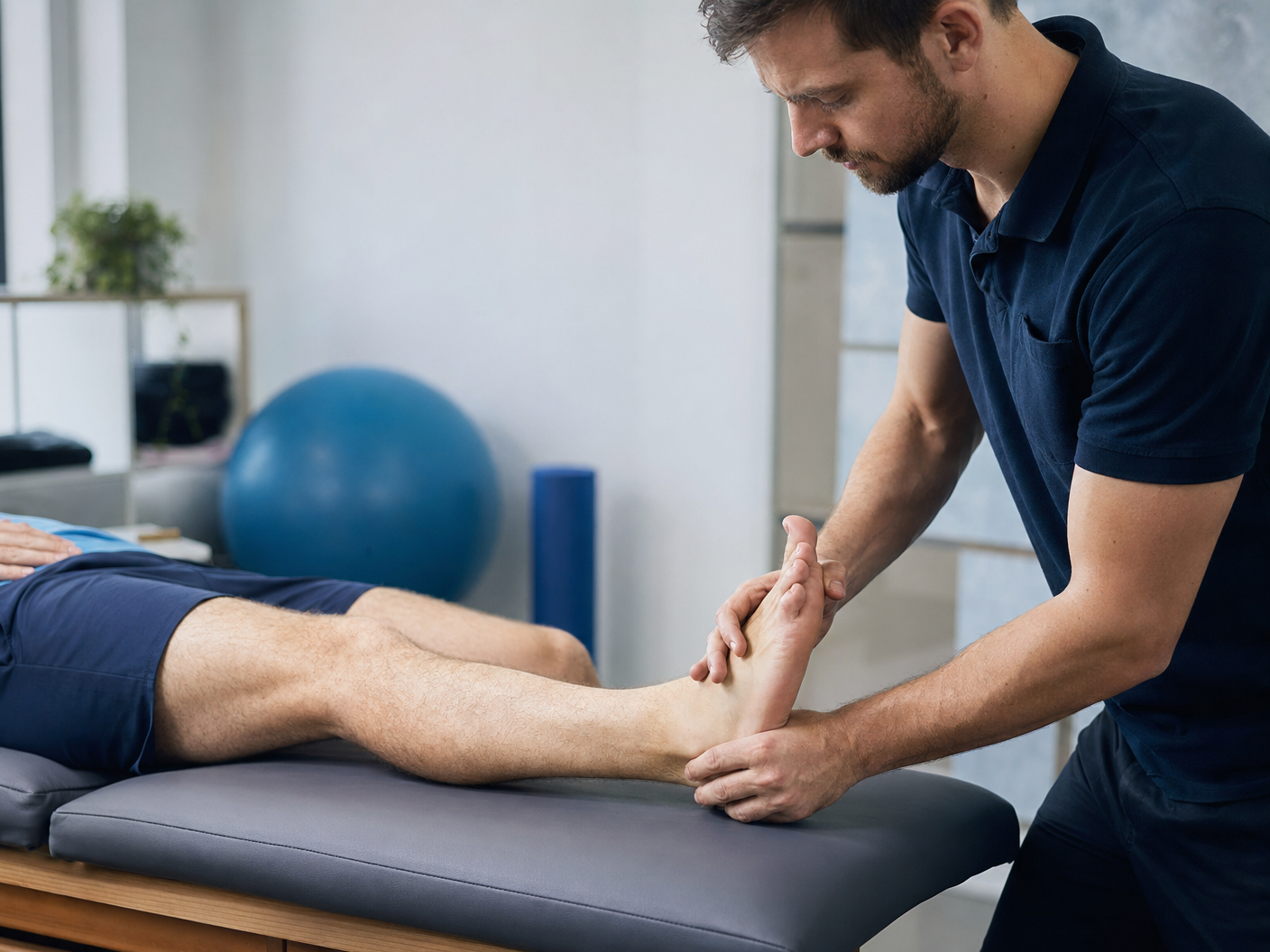 Physiotherapist treating patient's ankle — rehabilitation for lateral ankle ligament injury