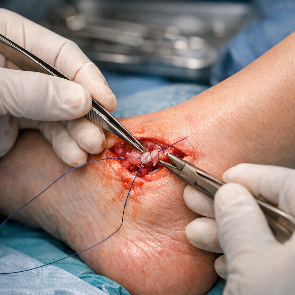 Surgeon performing lateral ankle ligament repair — Broström-Gould reconstruction