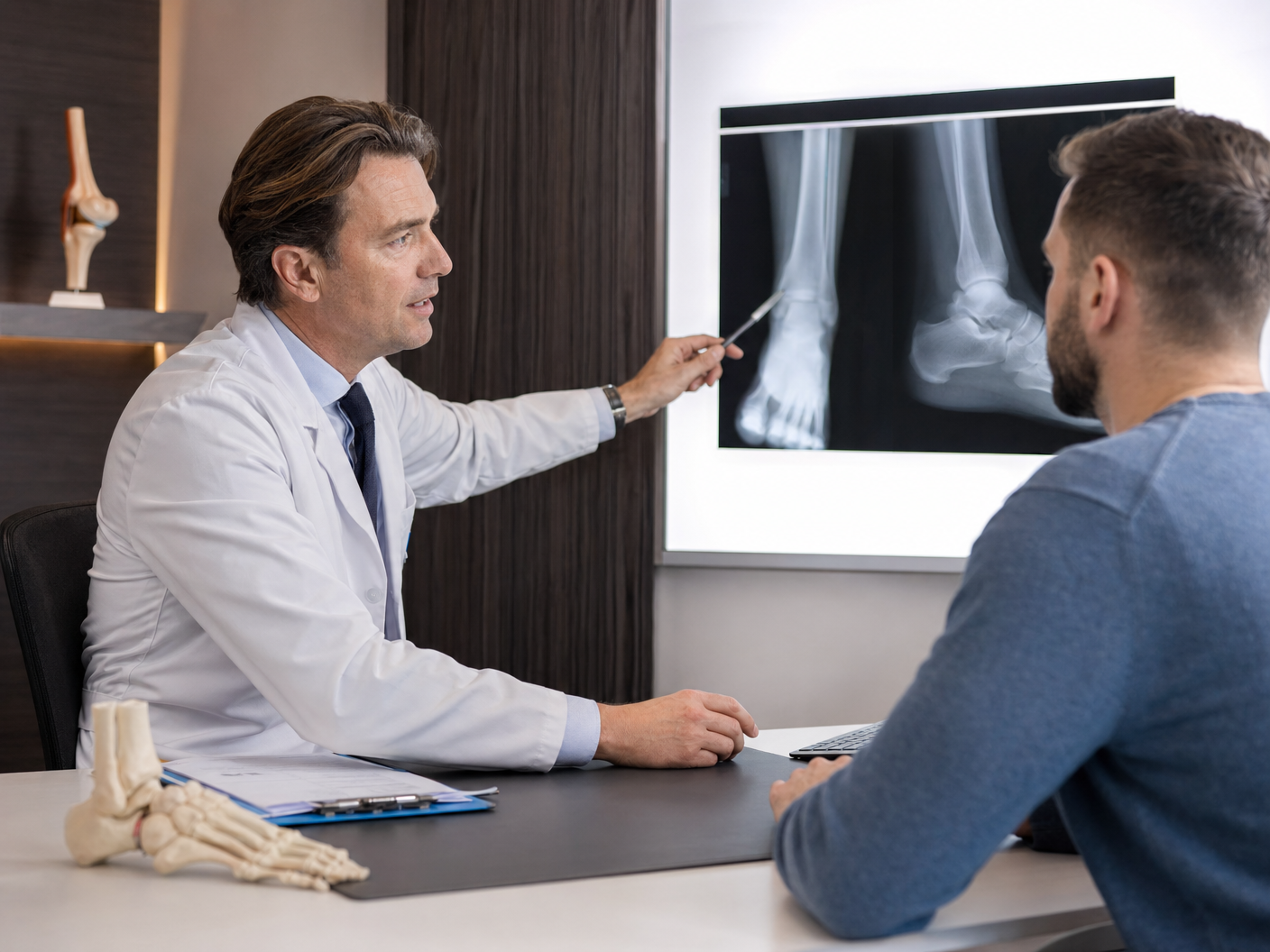 Consultant orthopaedic foot and ankle surgeon reviewing ankle X-ray with patient in London clinic